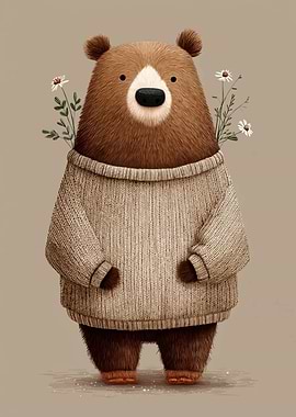 Cute Bear in a Sweater with Flowers