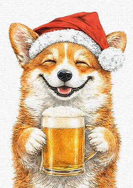 Corgi in Santa Hat with Beer