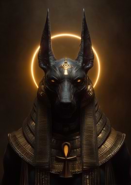 Anubis with Golden Halo and Ankh