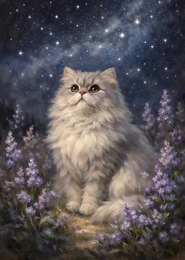 Fluffy Cat Under Starry Sky