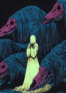 Ghostly figure surrounded by monstrous creatures