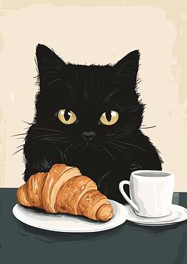 Black Cat with Croissant and Coffee