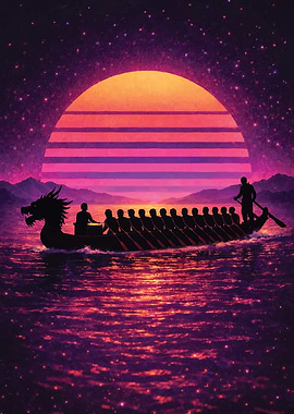 Retro Synthwave Dragon Boat Racing Art