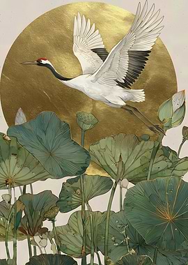 Crane flying over lotus pond