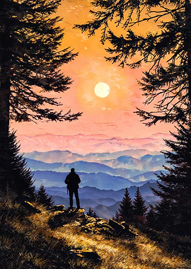 Hiker Silhouette Mountain Sunset Landscape