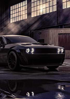 Black Dodge Challenger in a Garage
