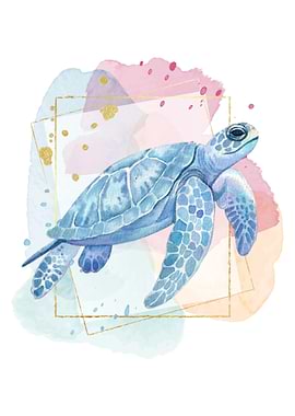 Watercolor Blue Sea Turtle Art