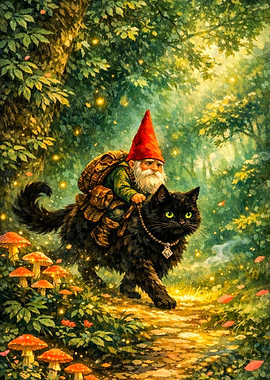 Gnome Riding a Black Cat in a Magical Forest