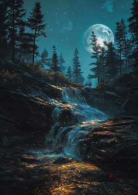 Enchanted Moonlit Waterfall Forest