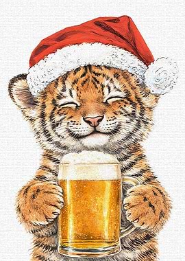 Cute Tiger Cub in Santa Hat with Beer