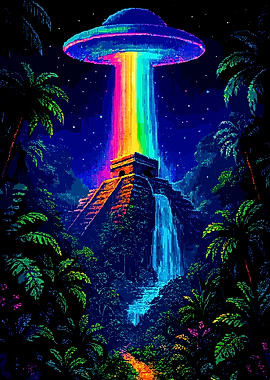 UFO Abducting Ancient Temple with Rainbow Beam