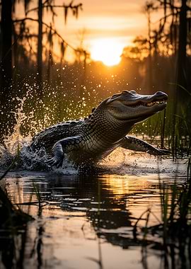Alligator emerging from water at sunset