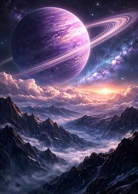 Celestial Dominion – Ringed Planet Above Mystic Peaks