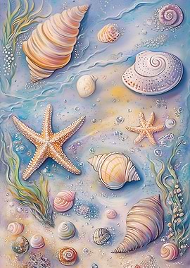 Seashells and Starfish on Sandy Seabed