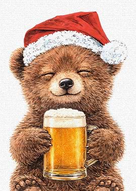 Cute Bear in Santa Hat with Beer