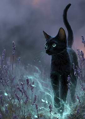 Mystical Black Cat in Lavender Field
