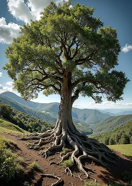Majestic Oak Tree with Exposed Roots