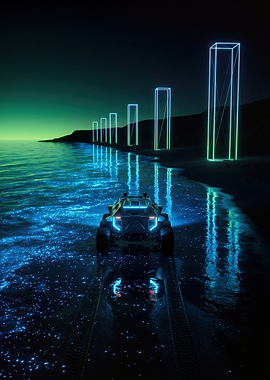 Futuristic Vehicle on Bioluminescent Beach