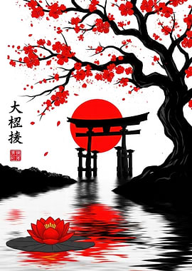 Japanese Torii Gate and Cherry Blossoms