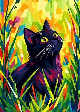 Black Cat in Colorful Grass