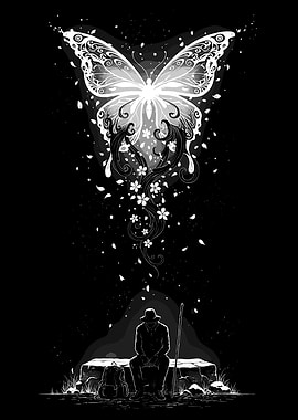 Man watches glowing butterfly