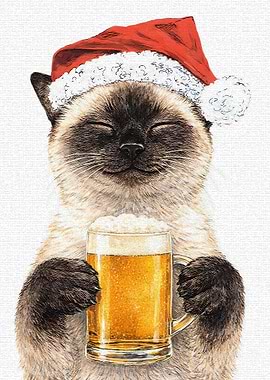 Siamese Cat in Santa Hat with Beer