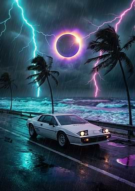 Retro Car Under Eclipse and Lightning