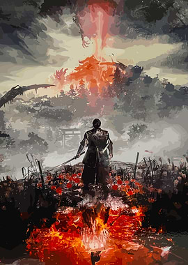 Samurai facing fiery dragon