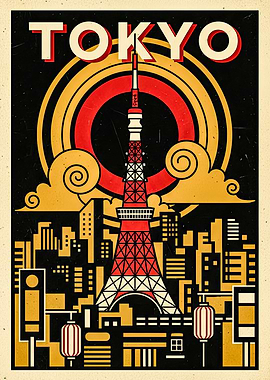 Tokyo Tower Cityscape Vintage Poster