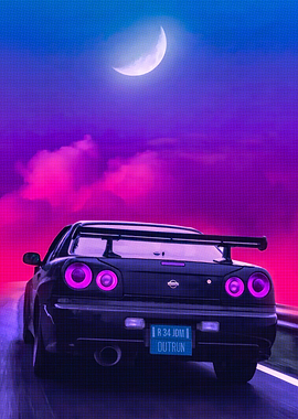 Retro Car Driving at Night