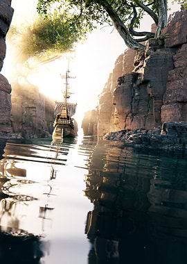 Pirate Ship in a Rocky Canyon