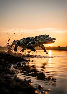Alligator leaping from water at sunset