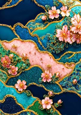Pink Cherry Blossom Gold Pattern