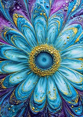 Abstract Teal Blue Gold Flower