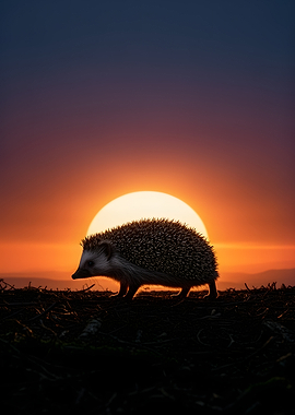 Hedgehog silhouetted against sunset