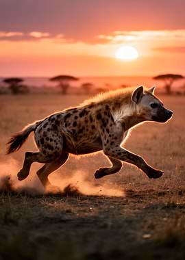Hyena running at sunset