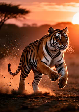Tiger running at sunset