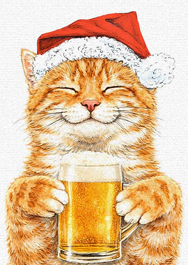 Cat in Santa Hat with Beer