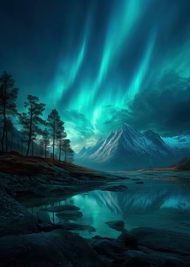 Aurora Borealis over Mountains and Lake