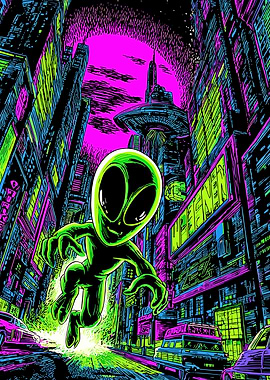 Alien in a Neon Cityscape