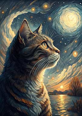 Cat looking at starry sky