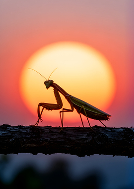 Praying Mantis Silhouetted Against Sunset
