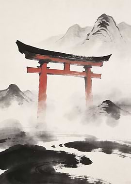 Misty Torii Gate Landscape Painting