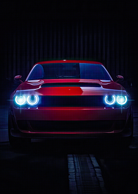 Red Dodge Challenger Headlights On