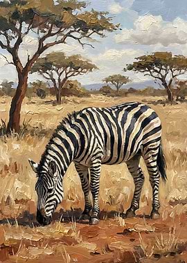 Zebra Grazing in African Savannah