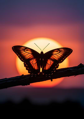 Butterfly silhouetted against sunset