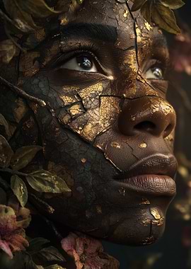 Ethereal Face with Gold and Nature Elements