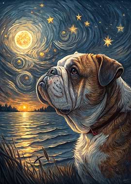 Bulldog under a starry night sky