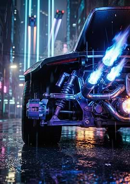 Cyberpunk Car with Blue Flames
