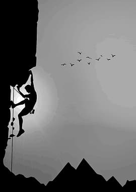 Silhouette of a rock climber against a gradient sky